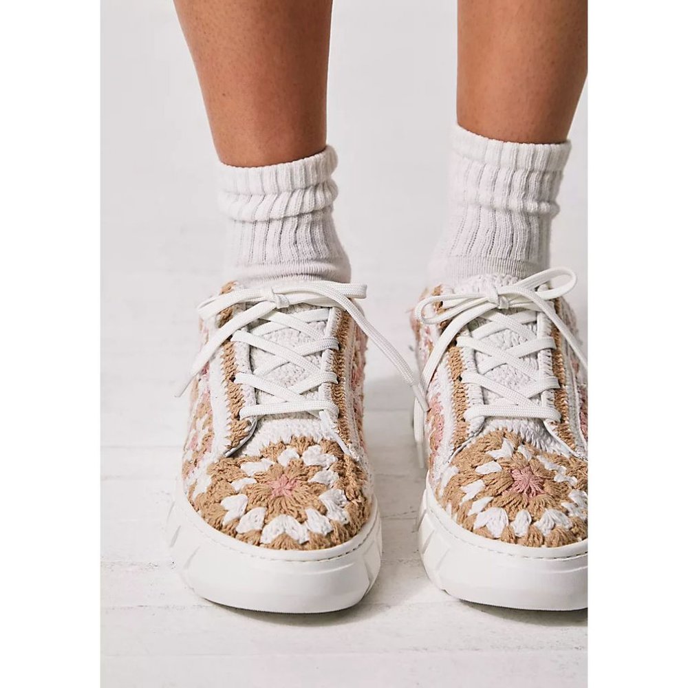 Free People Crochet Floral Sneakers - White and Tan